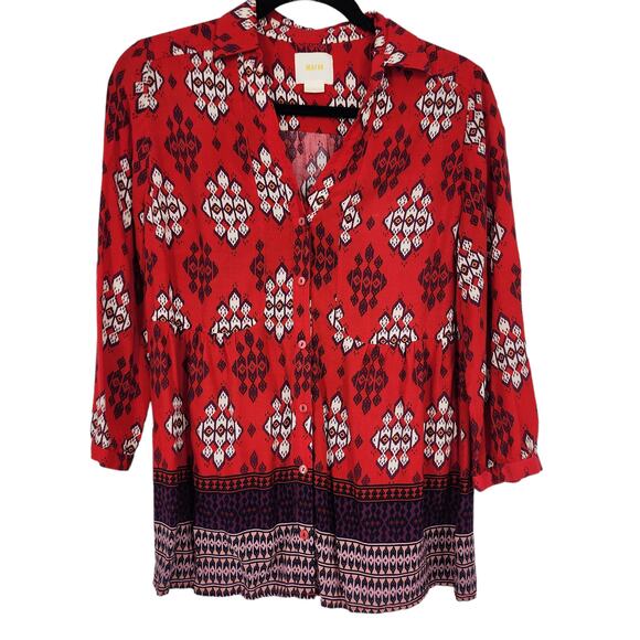 Anthropologie Maeve Woodland Walk Button Front Red Rayon Shirt Size 10 - Picture 2 of 8